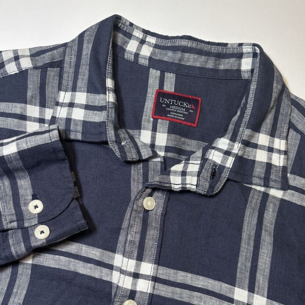 UNTUCKit Ovada WR Men's M Linen Navy Blue Plaid‎ Long Sleeve Button Down Shirt